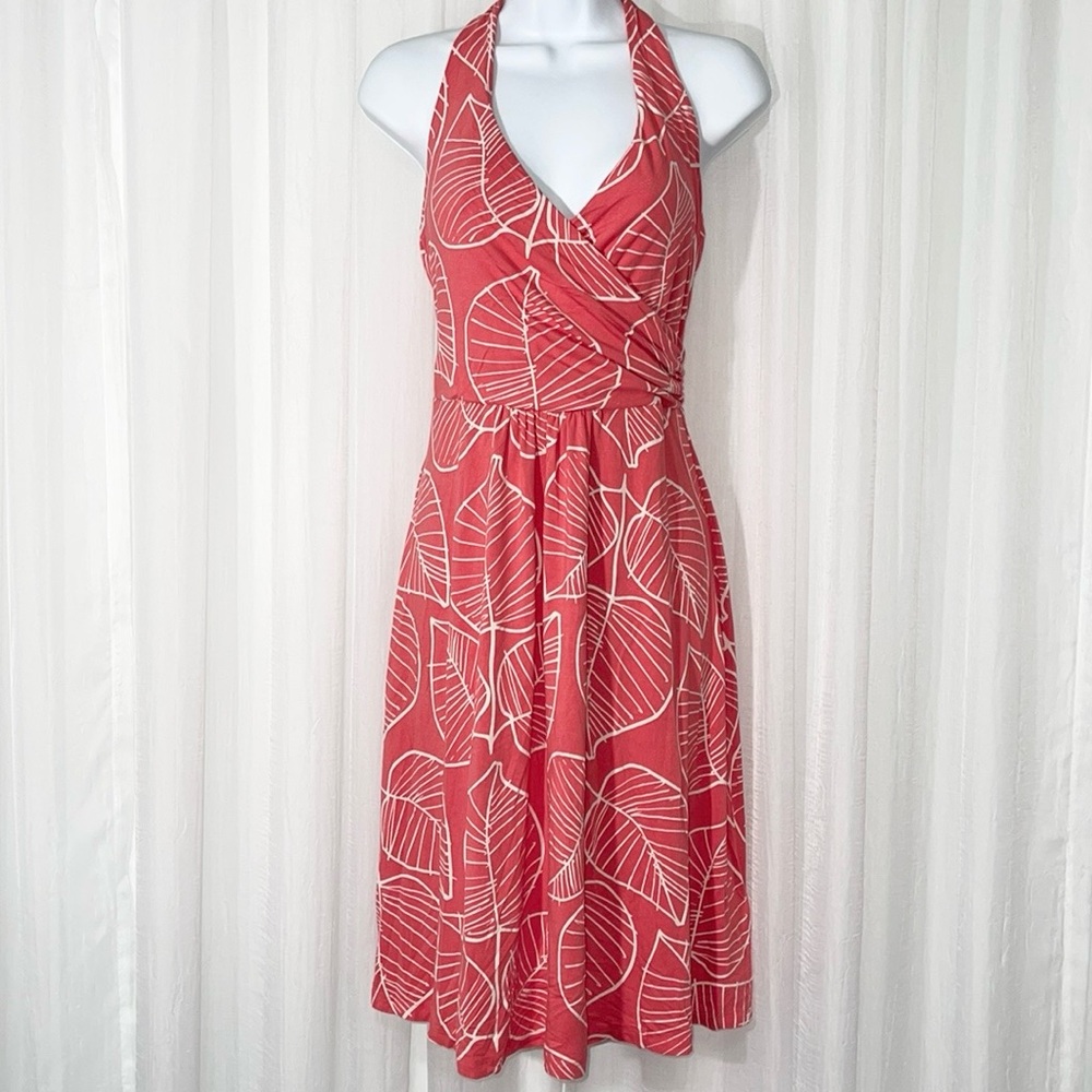 8R Boden Dress tie behind neck dress very comfortable-Coral white leaf